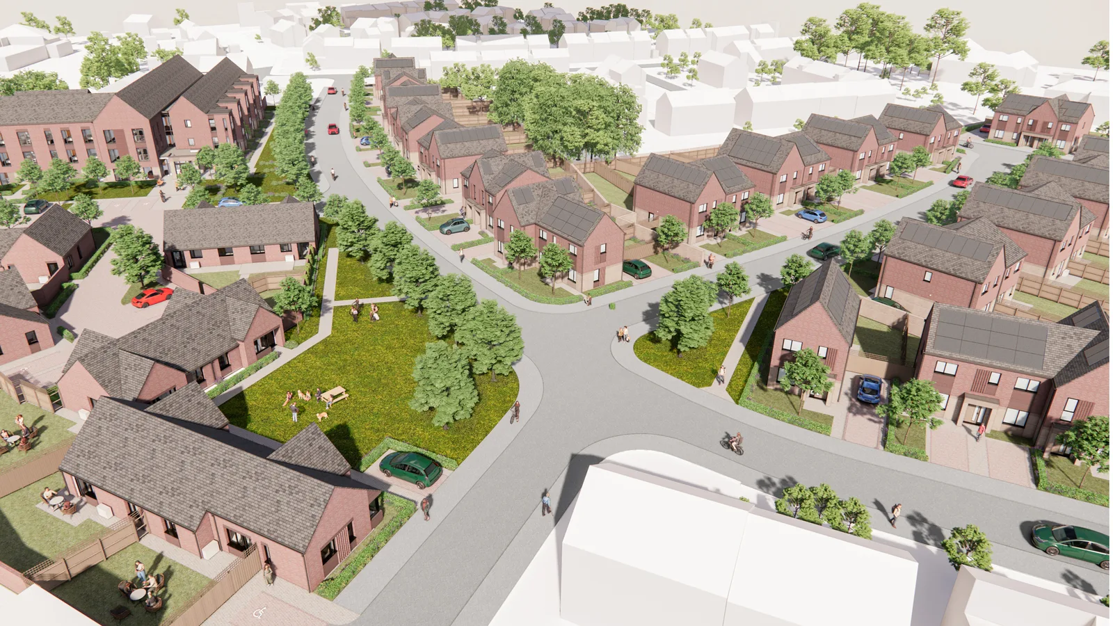 Peaks and Plains' aerial visualisation of the Crossfield Road and Kent Avenue scheme. It is a computer render from the consultation stage, not a photograph