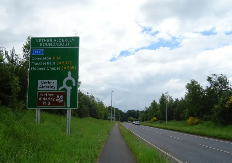 Melrose Way, the A34 Alderley Edge bypass, heading south towards the roundabout at Nether Alderley